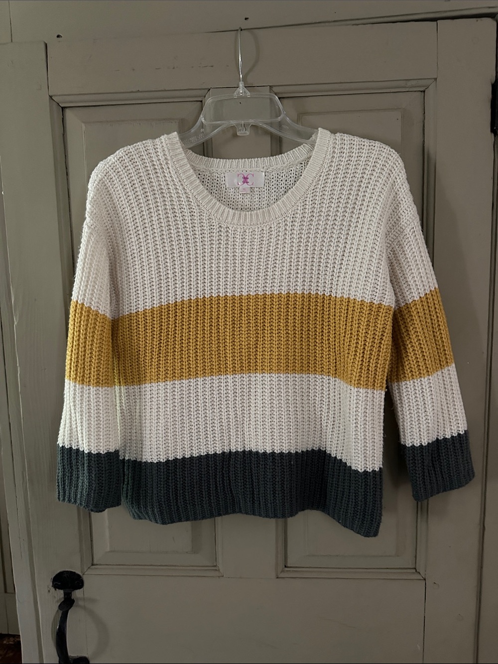 Girls' Striped Crewneck Sweater in Cream, Mustard & Dark Green